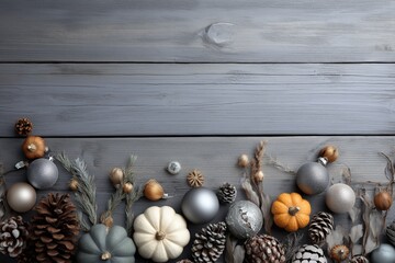 A decorative arrangement of pumpkins, pinecones, and ornaments on a textured gray wooden surface, evoking a cozy autumn or holiday atmosphere.