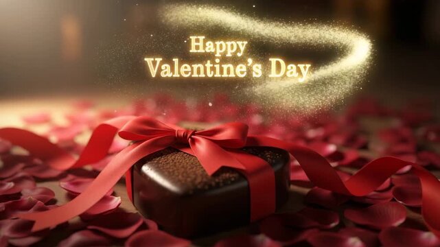 Happy valentines day chocolate gift box with red ribbon and rose petals