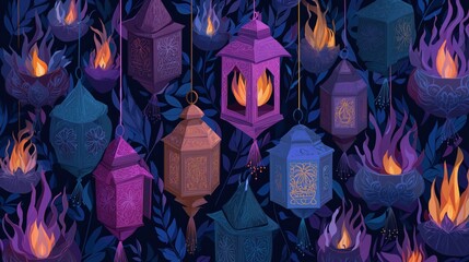 A vibrant display of intricately designed lanterns amidst swirling flames and leaves, showcasing a rich color palette of purples and blues.
