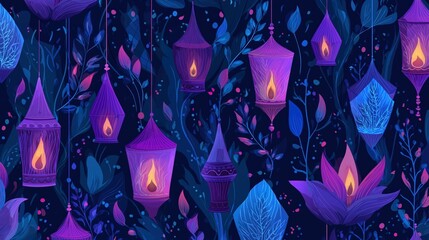 A vibrant illustration of colorful lanterns and floral designs against a dark background, creating a whimsical, enchanting atmosphere.