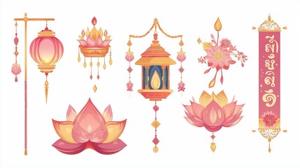 A vibrant collection of decorative elements featuring lotus flowers, lanterns, and floral motifs, emphasizing cultural and artistic themes.