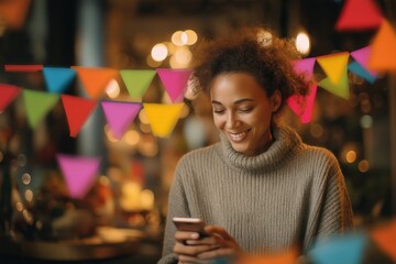 A woman in a cozy sweater smiles while using her phone, surrounded by colorful festive decorations in a warm, inviting atmosphere.