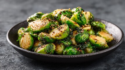 A plated maple brussels sprouts, concrete background, minimalist food styling