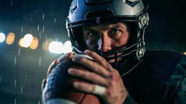 Focused football player holding ball under stadium floodlights, expression of strength, discipline, and determination before the game - Powered by Adobe