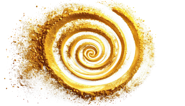Golden spiral of fine powder, shimmering and dissolving