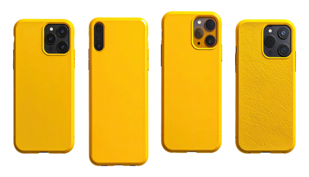 Four yellow phone cases aligned, featuring various camera cutouts