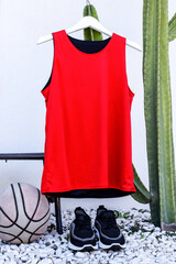 Vibrant Red Basketball Jersey Displayed With Ball and Sneakers