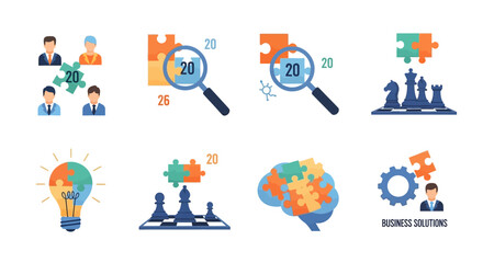Conceptual business puzzle solving with strategy, analytics, teamwork and innovation, representing