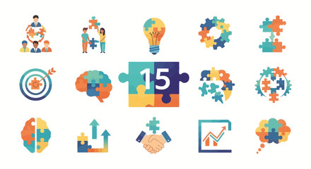 Illustrations depicting teamwork, collaboration, and problem-solving through puzzle pieces and icons