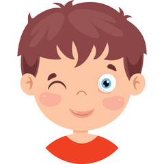 Winking Boy With Blue Eye and Brown Hair Wearing Red Shirt Isolated on White Background Expressing Playful Emotion