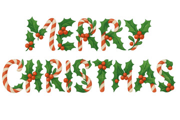 Fototapeta premium Merry christmas text formed by festive candy canes, holly leaves, and red berries, creating a joyful holiday greeting on transparent background