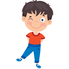 Winking Boy in Orange T-shirt and Blue Jeans Standing on Transparent Background