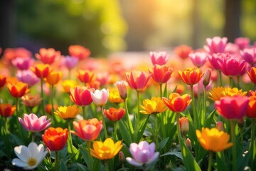 A vibrant and colorful flower bed bursting with blooms in full sunlight  Perfect for gardening, landscaping, and springtime themes  Ideal for websites and blogs ,  vibrant colors,  flora