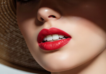 Fototapeta premium A striking, close-up view of a woman's mouth with vibrant red lipstick and visible white teeth, hinting at sensuality.