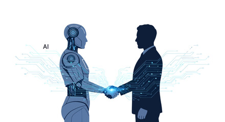 Futuristic partnership between human and AI robot promises innovation and efficiency shaking hands, symbolizing harmony and progress in technology sector