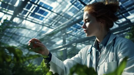 Botanical Research: A dedicated scientist studies a vibrant green plant in a high-tech greenhouse, immersed in the pursuit of scientific understanding and agricultural progress. - Powered by Adobe