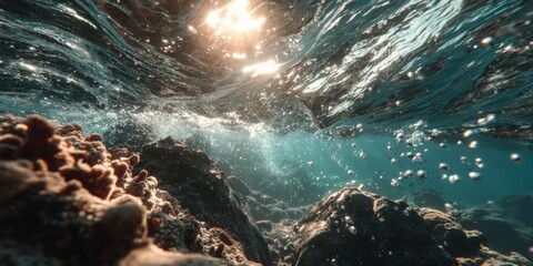 Fototapeta premium Underwater Serenity with Sunlight and Coral in Clear Ocean Water