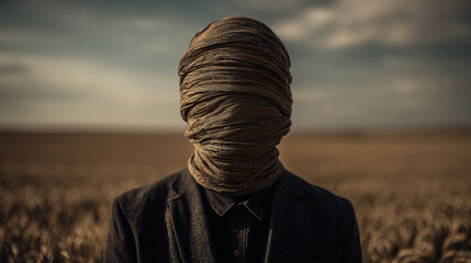 Faceless figure wrapped in cloth standing in a wheat field, representing anonymity
