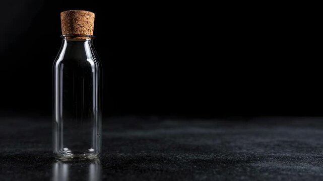 A clear glass bottle with a textured cork stopper stands on a dark granular surface against a black background