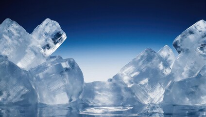 Close-up of clear ice cubes with a cool blue background.