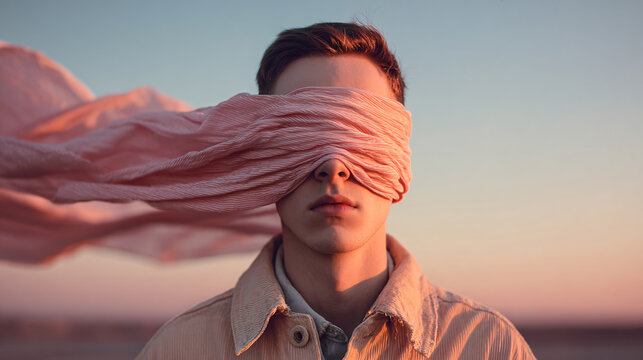 Young man blindfolded by fabric in windy sunset, representing ignorance or denial
