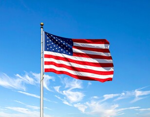 Obraz premium A vibrant Stars and Stripes flag blowing in the wind against a blue sky