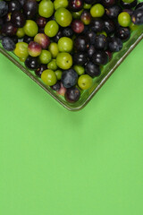 An overhead vertical shot shows assorted green and black olives in the top corner of a glass dish on a light green background with large copy space