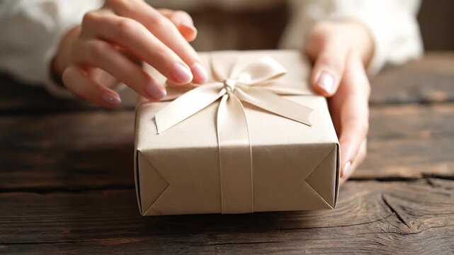Delicate female hands gently cradle a small gift box tied with a dainty ribbon on a rustic wooden table, evoking warm holiday, romantic or handmade celebration moments