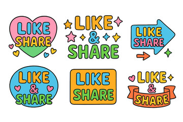 Naklejka premium Social media sharing flat icon set. featuring like and share icons with heart, stars, arrow, and banner