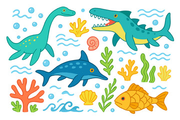 Obraz premium Aquatic creatures flat icon set. featuring dinosaur, fish, coral, shell, seaweed, and water symbols