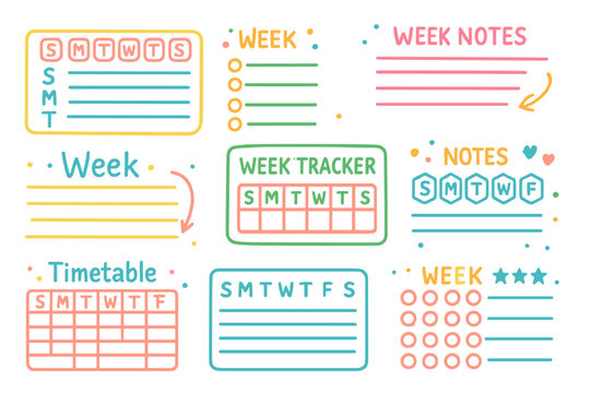 Week planning silhouette icon set. featuring weekly timetable, notes, and trackers