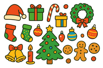 Fototapeta premium Christmas celebration flat icon set. featuring santa hat, gift, candy cane, wreath, stocking, tree, ornament, gingerbread, candle, bells