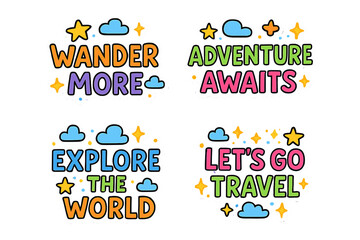 Travel quote flat icon set. featuring adventure, wander, explore, cloud, and star designs