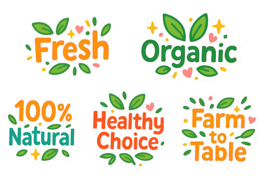 Organic food label flat icons set. featuring fresh, organic, 100 natural, healthy choice, farm to table.