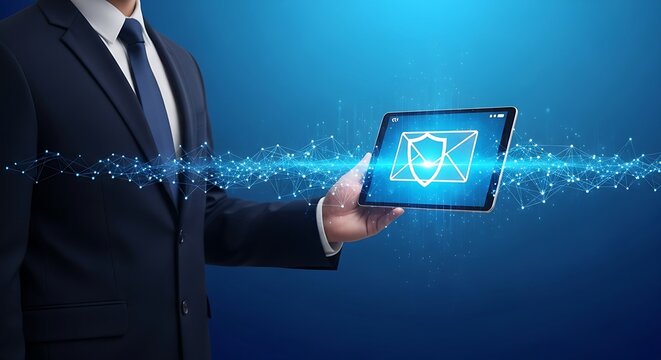 Businessman holding a tablet with a secure email icon on a blue background