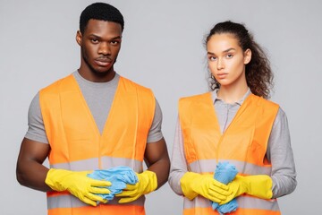 Socially active diverse couple in safety vests preparing for community cleanup activity in urban setting during daylight hours