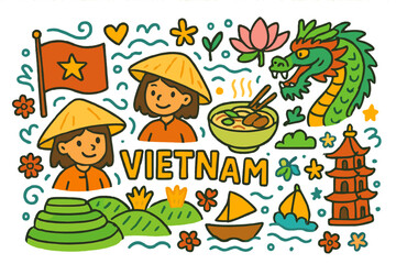 Vietnam culture flat icons set. featuring flag, hat, dragon, temple, lotus, and boat symbols