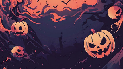 Halloween pumpkins and bats in a dark and spooky night scene art