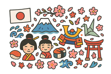 Naklejka premium Japanese culture flat icons set. featuring mount fuji, cherry blossoms, sushi, origami, samurai helmet, and pagoda