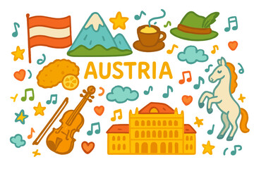 Fototapeta premium Austria-themed flat icon set. featuring flag, mountain, coffee, hat, schnitzel, violin, horse, opera house symbols