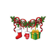 Festive Christmas garland featuring red ribbons, holly, candy canes, stocking, mitten, and a gift box.