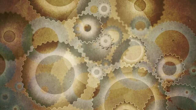 rotating clockwork cogs and gears in vintage tones with a textured paper look, loopable flickering animation