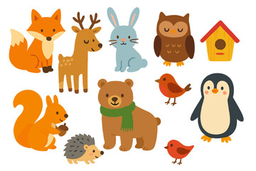 Woodland animals flat icon set. featuring fox, deer, rabbit, owl, squirrel, hedgehog, bear, bird, penguin, birdhouse