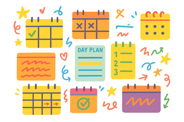 Planning theme flat icon set. featuring calendar, checklist, day plan, schedule, agenda, task list, and organizer icons