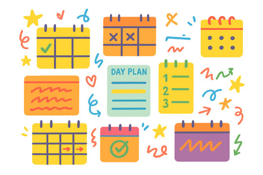 Planning theme flat icon set. featuring calendar, checklist, day plan, schedule, agenda, task list, and organizer icons
