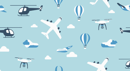 This flat design seamless pattern captures the essence of air travel with a collection of minimalist icons, ideal for travel-themed projects or digital backgrounds.