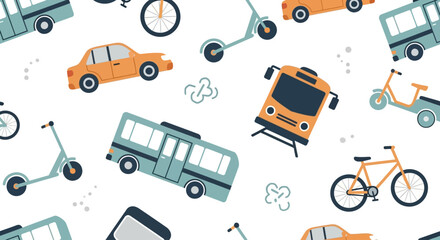 A modern flat design seamless pattern showcasing essential urban transportation icons, perfect for backgrounds, textiles, or web elements.