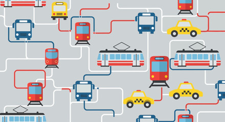 A dynamic flat design seamless pattern illustrating a comprehensive public transit network through various vehicle icons. This design is ideal for urban planning, city guides, or transportation-theme