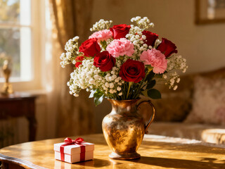 A luxurious bouquet of red roses and pink carnations in a golden vase sits beside a small white gift box, illuminated by warm sunlight in an elegant room.