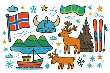 Naklejka premium Norwegian culture flat icons set. featuring flag, viking helmet, mountains, reindeer, stave church, skis, boat